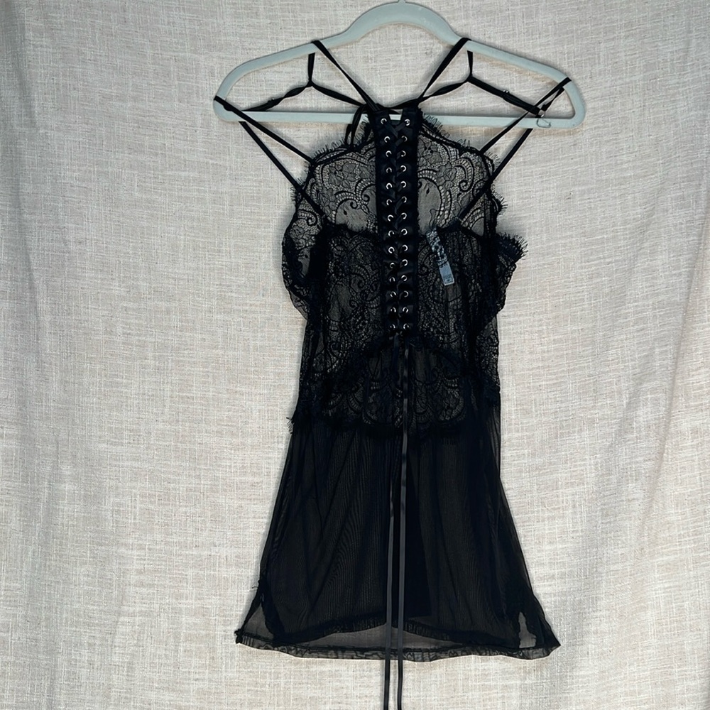 Oh La La Cheri Black Eyelash Lace Up Sheer Mesh Chemise Size Small